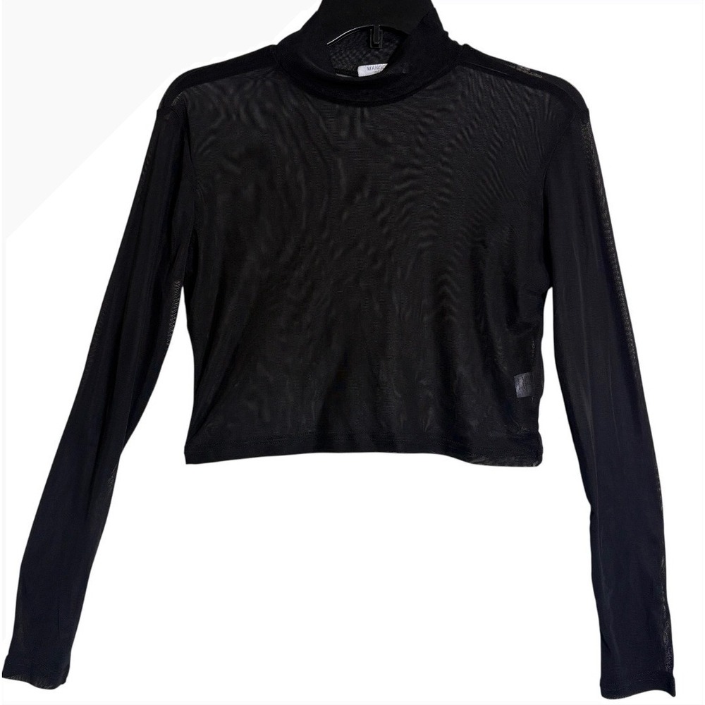 MANGOPOP Mesh Crop Top Women XL Black Sheer Mock Neck Long Sleeve Blouse